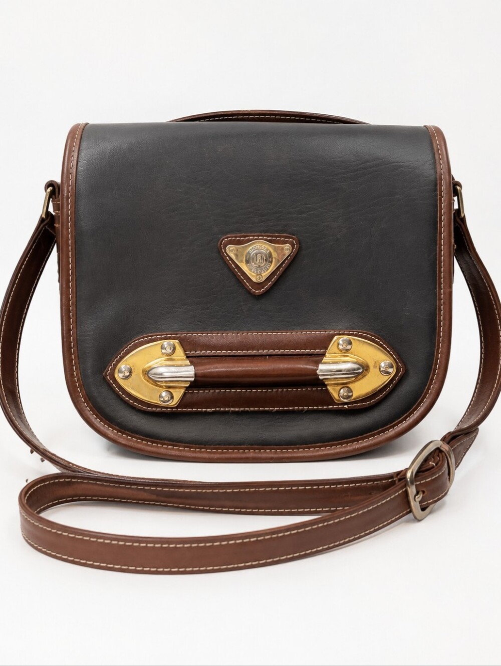 Brown Leather Men’s Shoulder Bag with Brass Accents